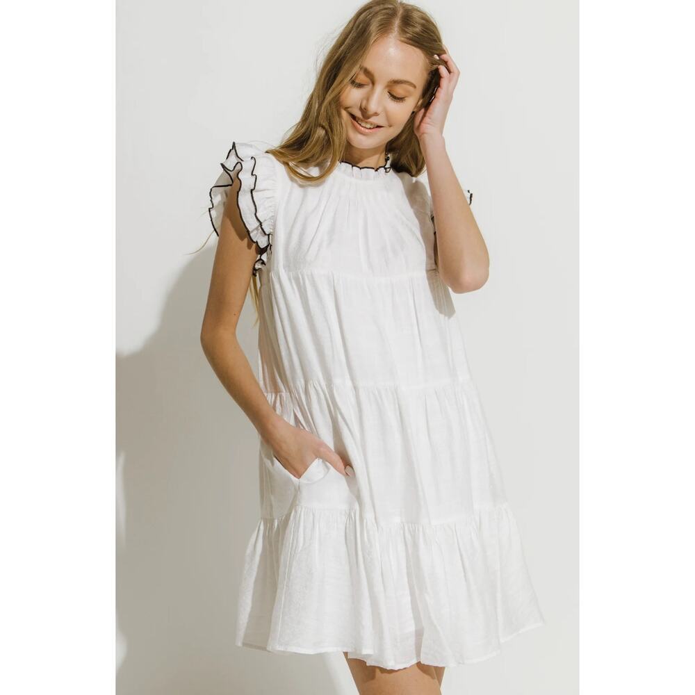 English Factory Contrast Stitch Tiered Babydoll Dress in White Size M